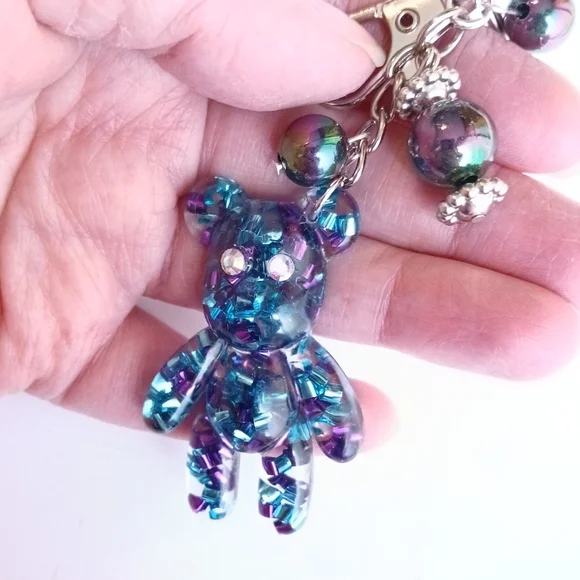 Confetti teddy bear keychain bag purse charm blue purple with rainbow beads new - Picture 3 of 6